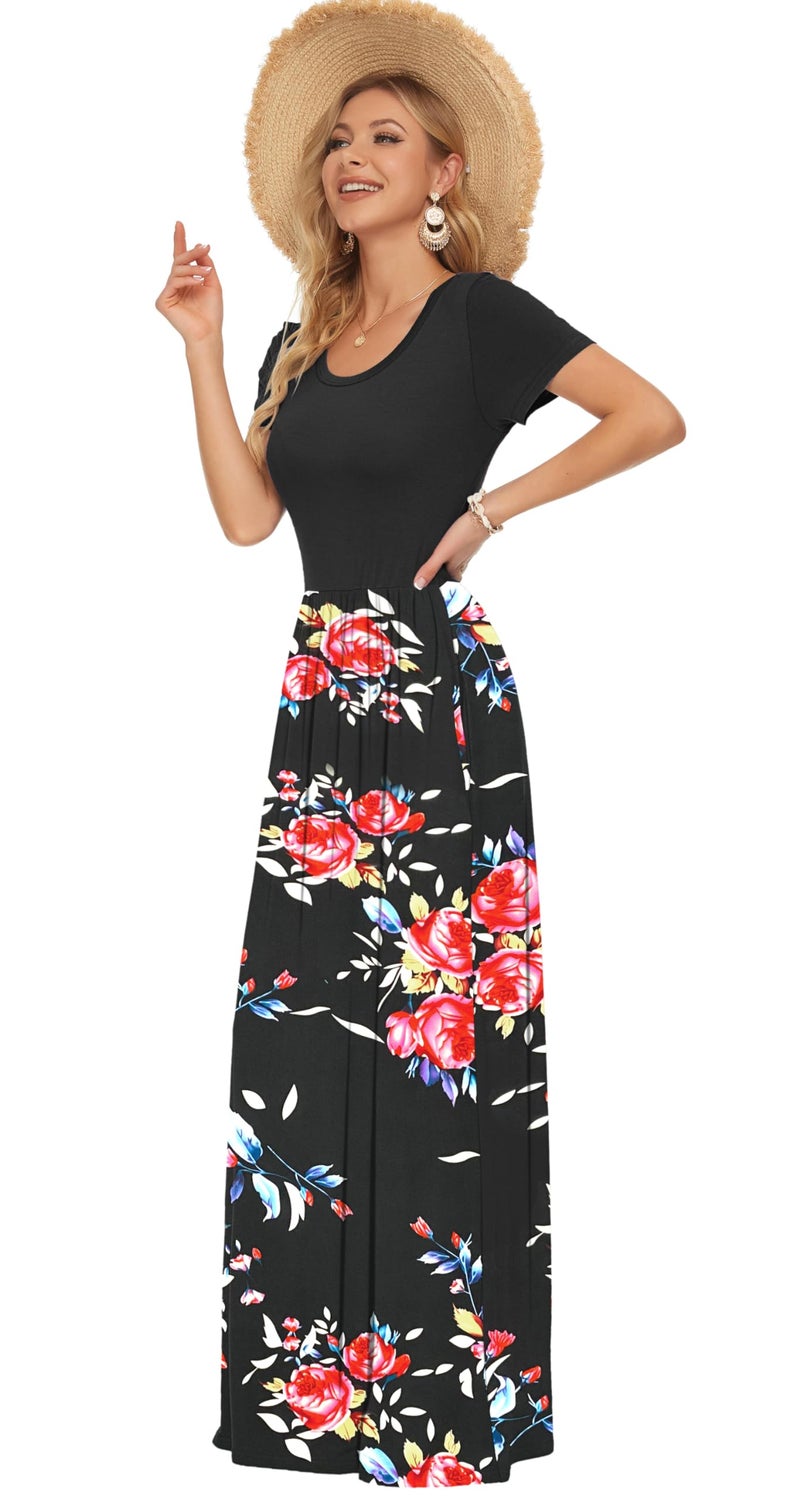 AUSELILY Women's Short Sleeve Loose Plain Casual Long Maxi Dresses for Women 2026 Rose Black S - Image 2